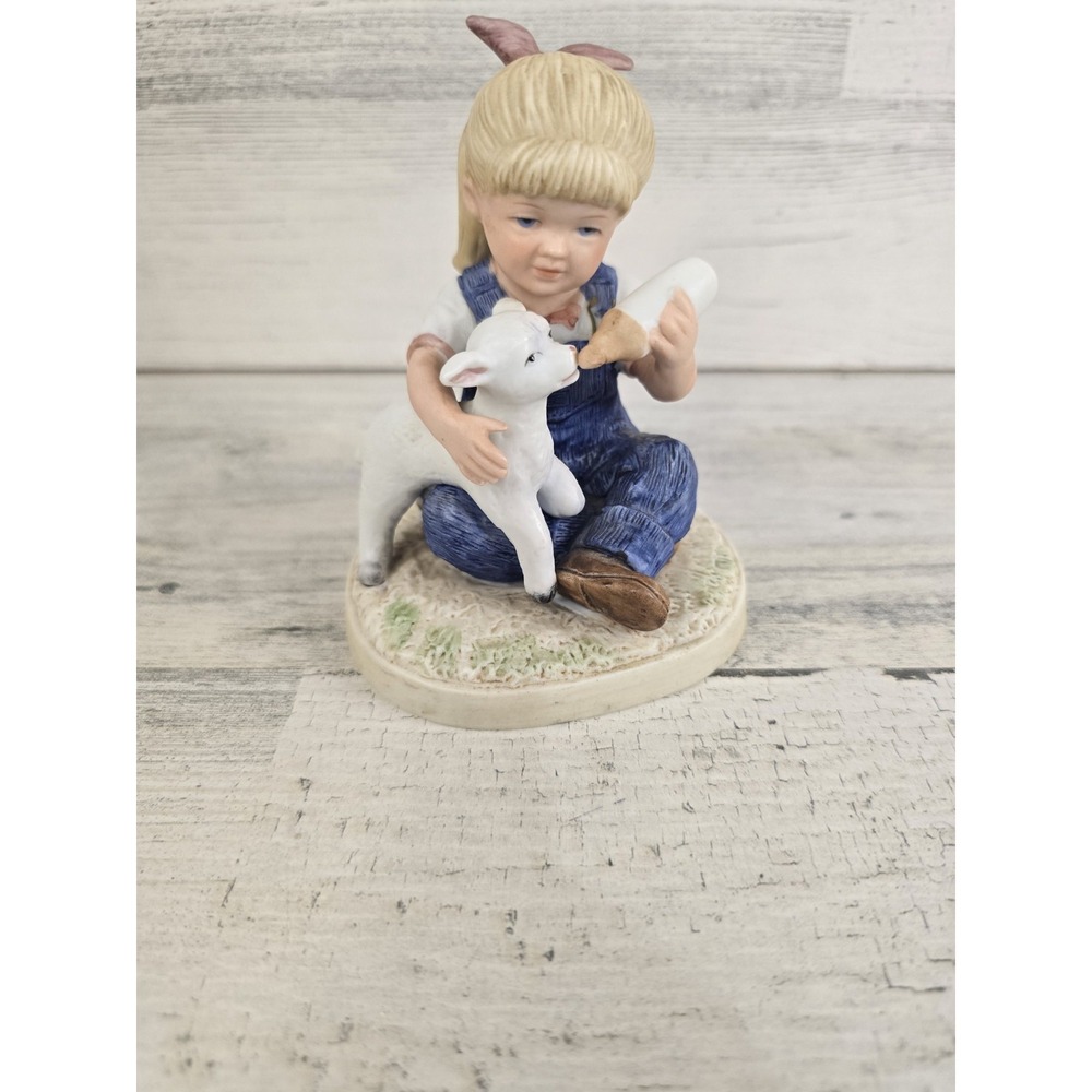 Homco Denim Days Figurine 1500 Girl Feeding Lamb Vintage 1985 Porcelain 4.5 inch